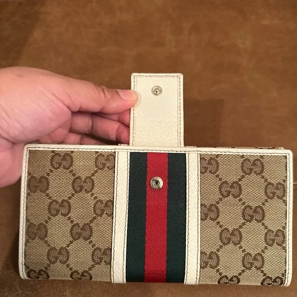 Gucci Ivory Leather/Canvas Monogram with Sherry Line Bifold Long Wallet - Picture 12 of 16